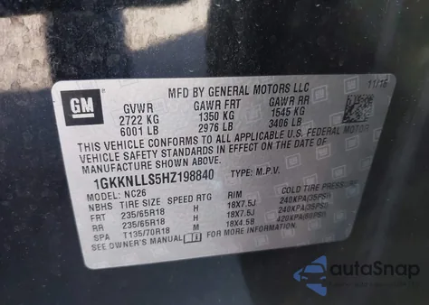 2017 GMC Acadia Sle-2 из США, поврежденный, VIN 1GKKNLLS5HZ198840